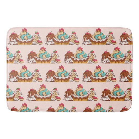 レトロスタイルカップケーキ甘いデザートパターン バスマット (正面)