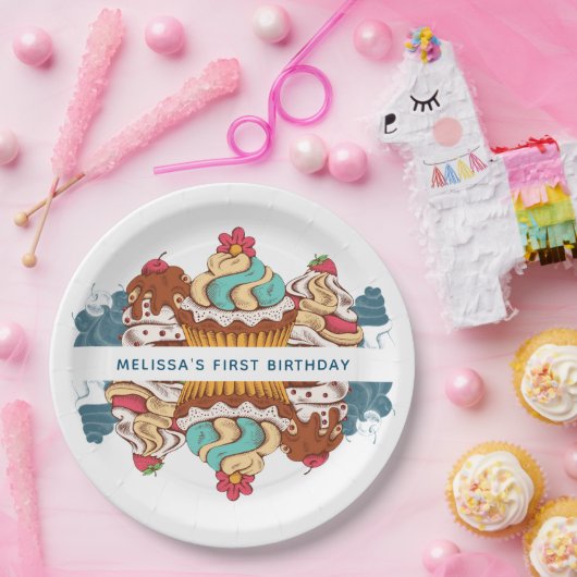 レトロスタイルカップケーキ甘いデザート1st誕生日 ペーパープレート (パーティー)