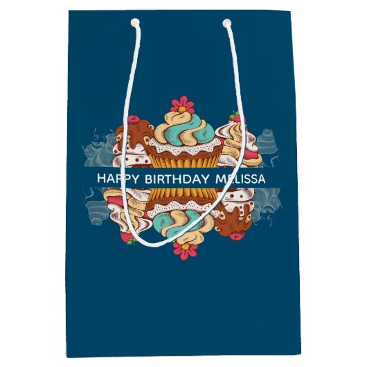 レトロスタイルカップケーズスイートデザート誕生日 ミディアムペーパーバッグ (正面)