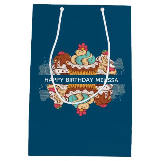 レトロスタイルカップケーズスイートデザート誕生日 ミディアムペーパーバッグ (裏面)