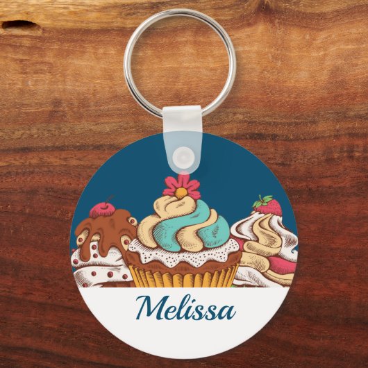 レトロスタイルカップケーズスイートデザート キーホルダー (正面)