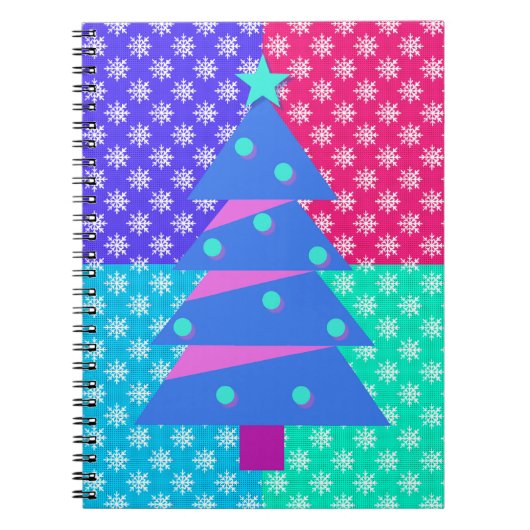 レトロスタイルカラフルスノーフレーククリスマスツリー ノートブック (正面)