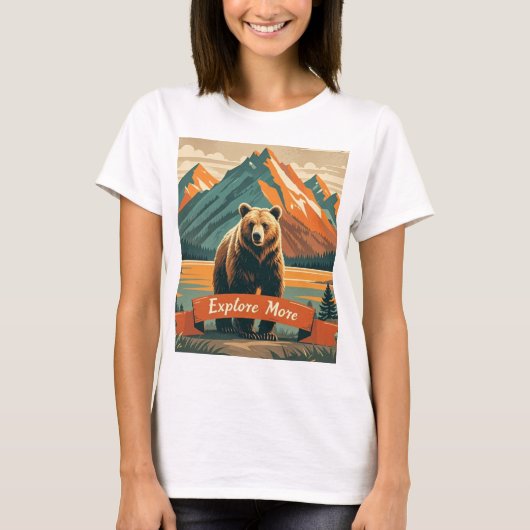 レトロスタイルクマの漫画と山脈 Tシャツ (正面)