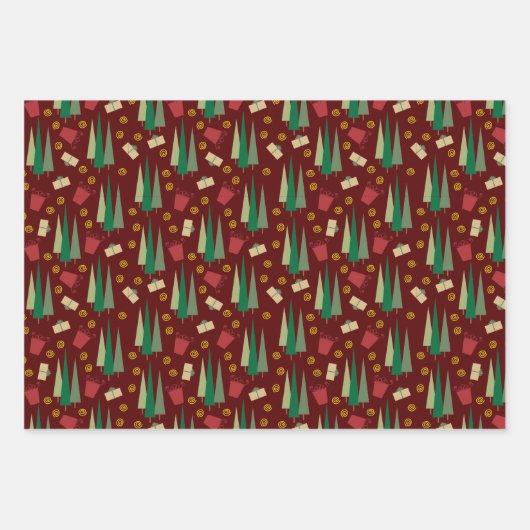 レトロスタイルクリスマスツリーとギフトパターン ラッピングペーパーシート (正面3)