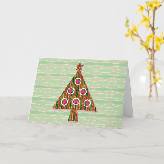 レトロスタイルグリーンピンククリスマスツリーカード カード (黄色い花)
