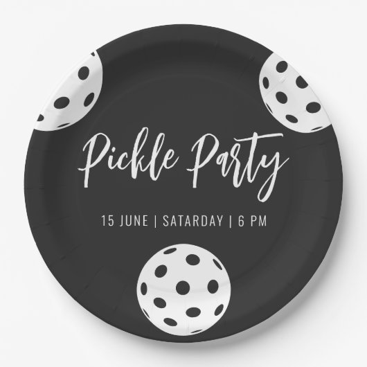 レトロスタイルネオンブラックをテーマにしたピックボール誕生日 ペーパープレート (正面)