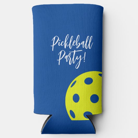 レトロスタイルネオンブルーをテーマにしたピックボール誕生日 スリム缶クーラー (正面)