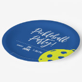 レトロスタイルネオンブルーをテーマにしたピックボール誕生日 ペーパープレート (アングル)