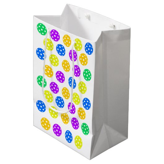 レトロスタイルネオンブルーをテーマにしたピックボール誕生日 ミディアムペーパーバッグ (正面アングル)