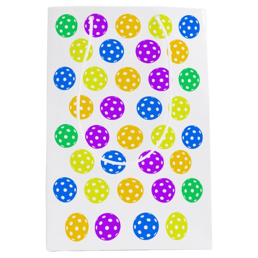 レトロスタイルネオンブルーをテーマにしたピックボール誕生日 ミディアムペーパーバッグ (正面)