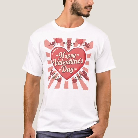 レトロスタイルハッピーバレンタインデー図 Tシャツ (正面)