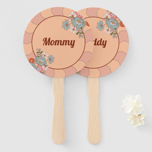 レトロスタイルベビーシャワーママ&ダディーゲームファン ハンドファン (正面&裏面)