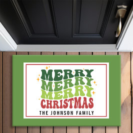 レトロスタイルモノグラムメリーメリークリスマス ドアマット