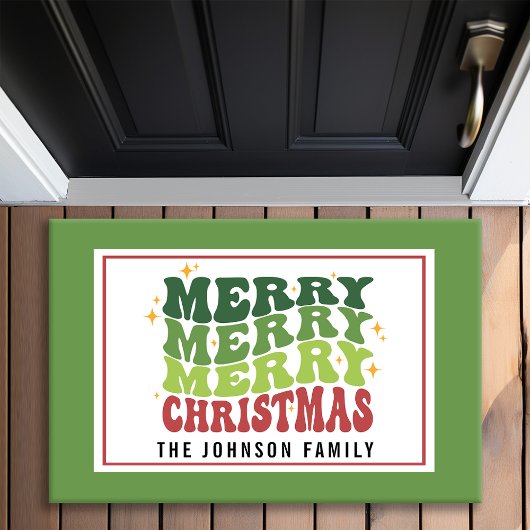 レトロスタイルモノグラムメリーメリークリスマス ドアマット