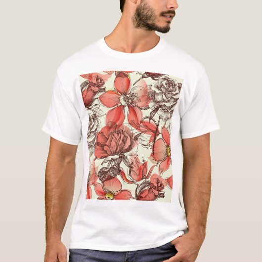 レトロスタイルレッドローズパターン Tシャツ (正面)