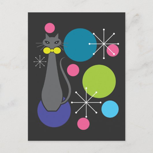 レトロスタイル原子時代ミッドセンチュリーカッコいい猫 ポストカード (正面)