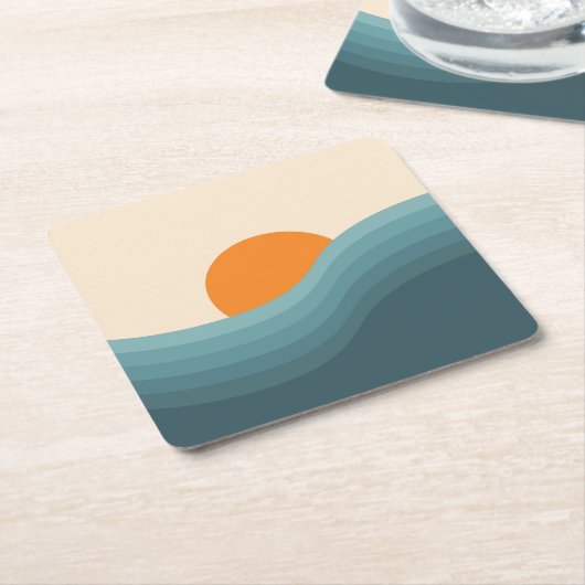 レトロスタイル抽象芸術夕日の風景 スクエアペーパーコースター (アングル)
