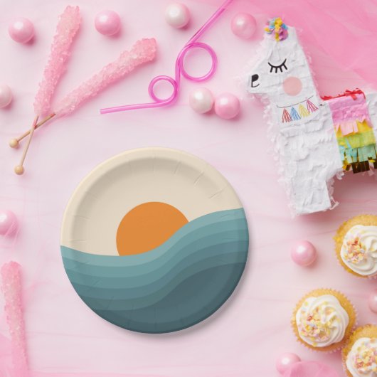 レトロスタイル抽象芸術夕日の風景 ペーパープレート (パーティー)