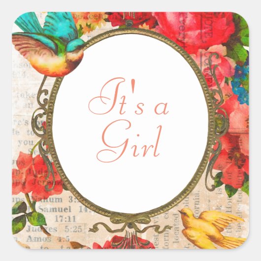 レトロスタイル水彩フラワーフレームスクエアステッカー スクエアシール (正面)