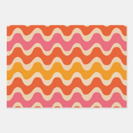 レトロスタイル波模様（ピンク、オレンジ、赤） ラッピングペーパーシート