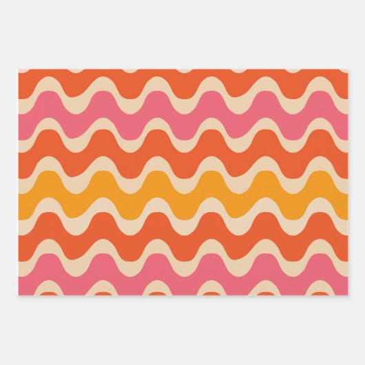 レトロスタイル波模様(ピンク、オレンジ、赤) ラッピングペーパーシート (正面)