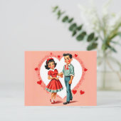 レトロスタイル男の子と女の子バレンタインデイハガキ ポストカード (スタンド正面)