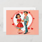 レトロスタイル男の子と女の子バレンタインデイハガキ ポストカード (正面/裏面)
