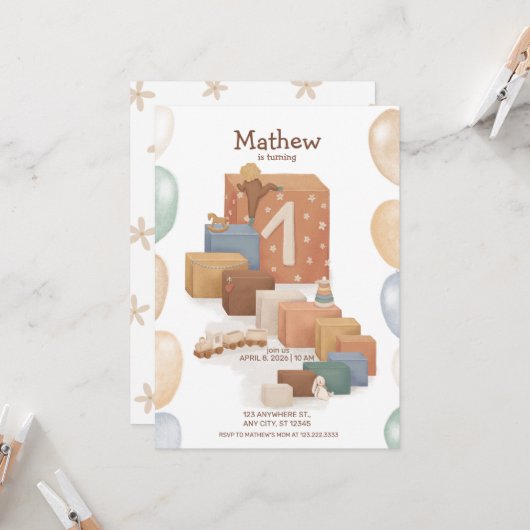 レトロスタイル第1の誕生日招待状 招待状 (正面/裏面インサイチュ)