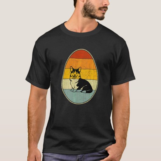 レトロスタイル イースターエッグ グラフィック イースター コーギー犬 Tシャツ (正面)