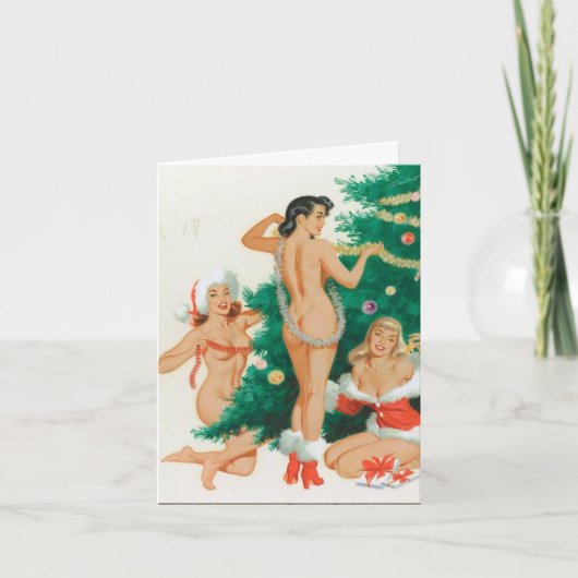 レトロスタイル"ツリーのトリミング"ホリデーカード シーズンカード (正面)