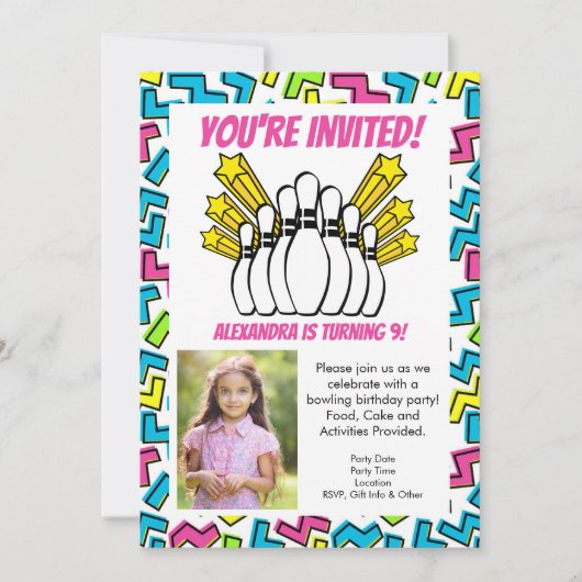 レトロスターズガールズフォトボーリングパーティー誕生日 招待状 (正面)