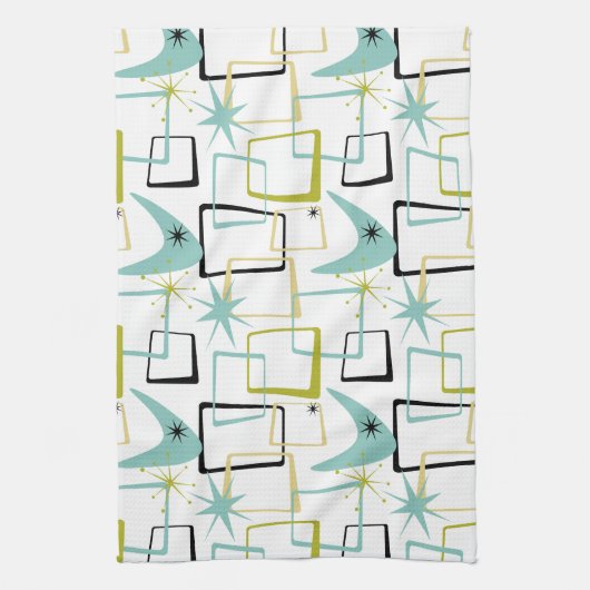 レトロスターズブーメランスクウェアミッドセンチュリー キッチンタオル (縦)