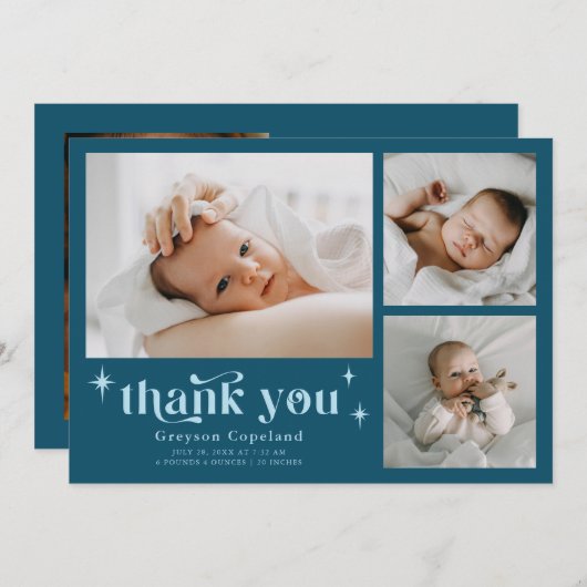 レトロスターズボーイティール(緑がかった色)誕生発表カード 案内状 (正面/裏面)