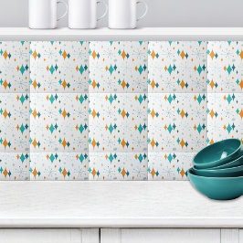 レトロスターバストスターズパターンオレンジティール（緑がかった色）アクア タイル