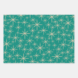 レトロスターバストモダン、ミッドベージュ、オレンジ、ティール（緑がかった色） ラッピングペーパーシート