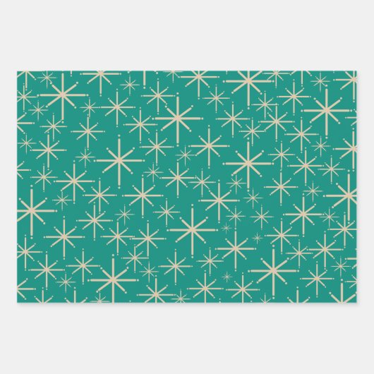 レトロスターバストモダン、ミッドベージュ、オレンジ、ティール(緑がかった色) ラッピングペーパーシート (正面)