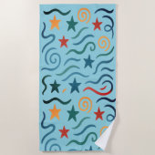 レトロスター&ウェーブパターンデザイン ビーチタオル (正面)