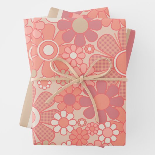 レトロストライプとフラワーインパステル赤面ピンク ラッピングペーパーシート (インサイチュ)