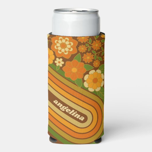 レトロストライプと花ファンキー付き名前をカスタムする スリム缶クーラー (Seltzer正面)