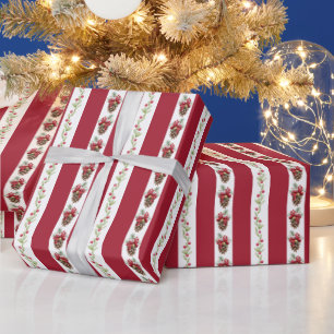 レトロストライプのクリスマスギフト包装（赤） ヴィンテージ ラッピングペーパー