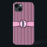 レトロストライプのモノグラム模様ピンクブラック iPhone 13ケース<br><div class="desc">この可愛ガーリーい、少しレトロな50sケースデザインは、ピンク、ライトピンクとブラックのストライプ宇宙とパーソナライズ/カスタマイズ可能なを示す。単に自分のモノグラム/イニシャルを"パーソナライズ"フィールドに追加する。正方形のフォント与えはモノグラムのヴィンテージモダンの外観。これは明るい、カラフル、かわいらし、ストライプクラシックを探している女性のための素晴らしギフトを作るスタイリッシュ明るいパターンは、タイムレスです。</div>