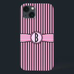 レトロストライプのモノグラム模様ピンクブラック iPhone 13ケース<br><div class="desc">この可愛ガーリーい、少しレトロな50sケースデザインは、ピンク、ライトピンクとブラックのストライプ宇宙とパーソナライズ/カスタマイズ可能なを示す。単に自分のモノグラム/イニシャルを"パーソナライズ"フィールドに追加する。正方形のフォント与えはモノグラムのヴィンテージモダンの外観。これは明るい、カラフル、かわいらし、ストライプクラシックを探している女性のための素晴らしギフトを作るスタイリッシュ明るいパターンは、タイムレスです。</div>