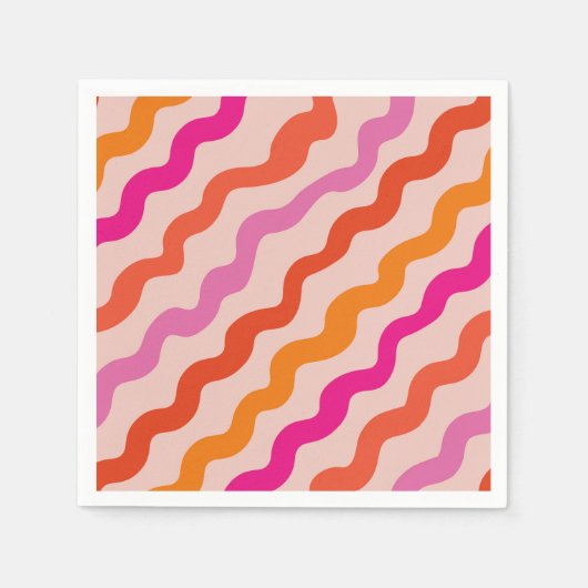 レトロストライプの抽象芸術波ピンク赤オレンジ スタンダードカクテルナプキン (正面)