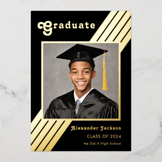 レトロストライプグラッドフォトブラックと金ゴールド卒業 箔招待状 (正面)