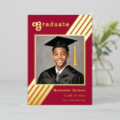 レトロストライプグラッドフォトブルゴーニュと金ゴールド 箔招待状 (立ち正面)