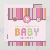 レトロストライプボタンピンク赤ちゃんシャワー招待 招待状 (正面/裏面)