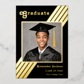 レトロストライプ大学院写真ブラックと金ゴールド 箔招待状 (正面)