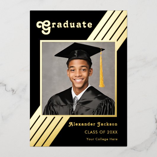 レトロストライプ大学院写真ブラックと金ゴールド 箔招待状 (正面)