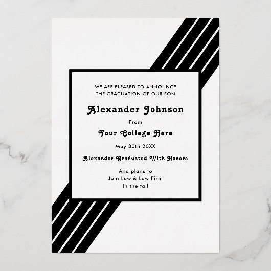 レトロストライプ大学院写真ブラックと金ゴールド 箔招待状 (裏面)