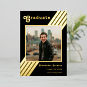 レトロストライプ大学院写真ブラックと金ゴールド 箔招待状 (立ち正面)